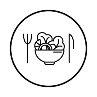 Ikona jedzenia, symbolizuje restauracje dostępne w okolicy Folwarku Minikowo 62.